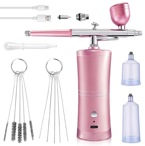Set Aerografo, Kit Aerografo con Compressore, Aerografo Portatile USB Ricaricabile, Kit Pistola Aerografo Senza Fili, Set Di Aerografi Manuali, per Decorazione Di Torte,Nail Art (Rosa)