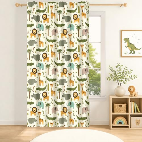 YongFoto 117x183cm Dessin animé Animaux Rideaux avec passe-tringle Safari Jungle Hippopotame Crocodile Girafe Filtrage de la lumière Onglet arrière Habillages de fenêtre Pour chambre de garçon Nursery