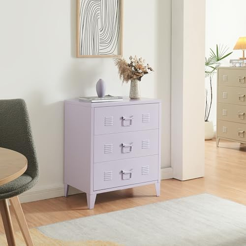 [en.casa] Kommode Hämeenlinna Metallschrank mit 3 Schubladen Mehrzweckschrank Stahl Wohnzimmer Büro Industrial Aktenschrank 60 x 40 x 72 cm Lila