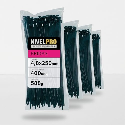 NIVELPRO Lot de 100 colliers de serrage robustes en plastique pour l'extérieur et l'intérieur - Différentes tailles - Noir (4,8 x 250 mm)