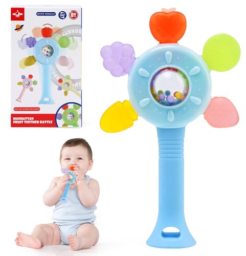 TonStyle Jouet Dentition Bebe 0-3 Mois, Anneau de Dentition pour Bébé, Hochet Bébé de Développement, Jeux d’Eveil Sensorielle Educatif Cadeau pour Naissance Enfant 6 9 12 Mois (Blanc) (blue)