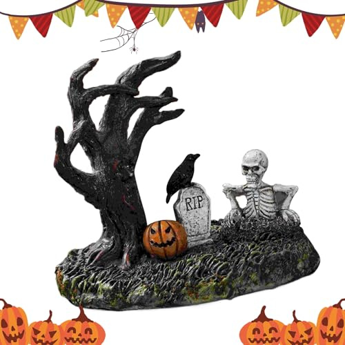 Halloweenfigurer Inredning | Trädstubbe Skalle Pumpa Kråka Gravsten
