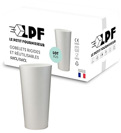LPF LE PETIT FOURNISSEUR - Lot de 25 Gobelets réutilisables 50cl (56cl à ras-bord) - Polypropylène plastique alimentaire rigide - Gobelets à eau, bière - Compatible lave-vaisselle - Couleur Blanche