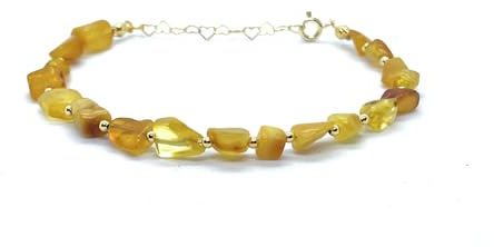 Eloboe essence Pulsera de Ámbar Natural con Plata 925 Chapada en Oro 24K, Ajustable 16-19 cm, Cuentas 5x7mm, Dorado