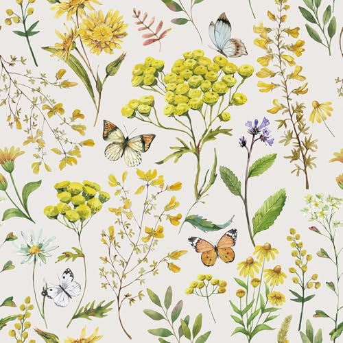 Decotalk Papier Adhesif pour Meuble Jaune Papillon et Fleurs 44.5cmX300cm Papier Peint Fleur Papillon Autocollant Motif Botanique Adhesif pour Meuble Chambre Salle de Bain Armoire Amovible Imperméable