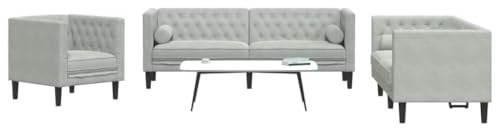 HETFTJN Chesterfield Samt 3-TLG. Sitzgarnitur Hellgrau 194 cm Ecksofa mit Nackenrollen Zweisitzer Dreisitzer Sessel Robustes Holzgestell für Wohnzimmer Büro Jugendzimmer