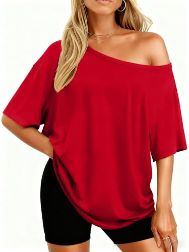 LACOZY Women's Sexy Off Shoulder Tops Casual Plus Sized Batwing Short Sleeve Blouse Shirts 2026 Red S