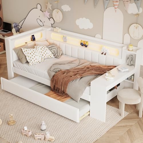 Ligterra Kinderbett 90x200 cm, Jugendbett mit Schreibtisch, Daybett Tagesbett, Gepolstertes Tagesbett mit USB-Anschlüssen und LED-Gürtel, Funktionsbett mit Ausziehbett, Ohne Matratze(Weiß)