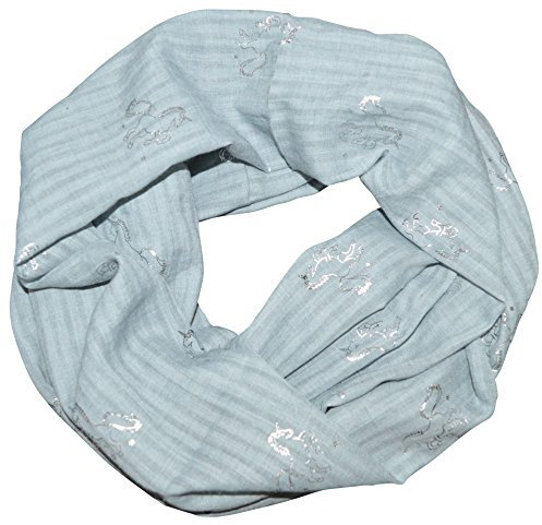 thb Richter Loopschal Schlauchschal mit Einhorn Unicorn Blazing-Star Muster Pferd Horse Sternchen Stern Metallic Glitzer Glanz Schal Rundschal Leicht Weich Soft (Grau-Blau)