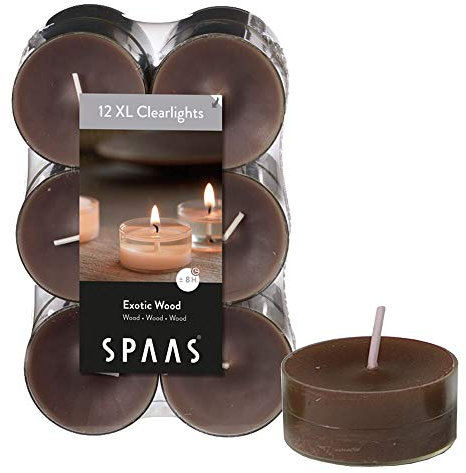 Spaas 12 Maxi Scented Tealights in Transparent Clear Cup, 8 Hours, Exotic Wood