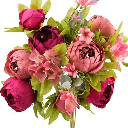 FiveSeasonStuff 1 Bouquet of Peony Silk Artificial Flowers and Hydrangeas/Perfect for Wedding, Bridal, Party, Home, Office Décor (Country Barn Red)