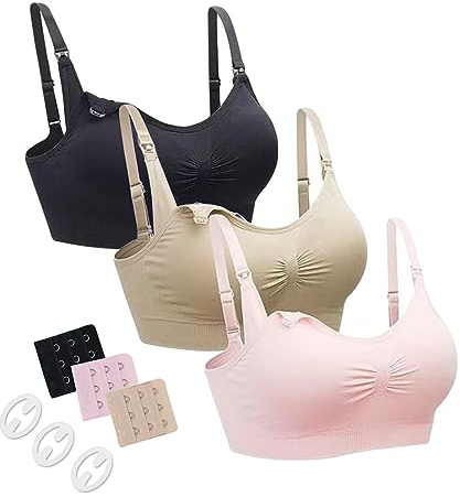 neppein Maternity Nursing Bra 3Pack Seamless Pregnancy Breastfeeding Sleep Bra Bralette with Removable Spill Prevention Pads and Bra Extenders