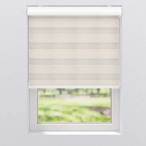 Doppelrollo Sonnenschutz Fenster Tür Innen, 110 x 175 cm Leinen gestreift | Stoff transparent & blickdicht aus Polyester / Metallhalter für Wand- & Deckenmontage / mit 28 mm Welle, Kettenzug & Kassette