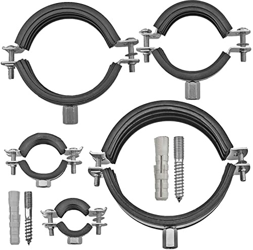 MegaHaustechnik 2-Schrauben-Rohrschellen aus Edelstahl VA Set 10 Stück mit Stockschrauben und Dübel, Spannbereich 32 bis 36mm Rohr-Außendurchmesser 1 Zoll mit Schallschutz, mit M8 Gewinde-Mutter