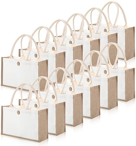 12 Pieces Jute Tote Bags Burlap Tote Beach Bags with Handles Reusable Waterproof Tote Shopping Bag Blank DIY Canvas Gift Bag Jute Travel Tote Bag for Beach Bridesmaid Wedding 14.57 x 10.24 x 6.69 Inch