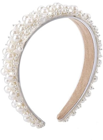 Weißer Perlen Haarreifen Damen Elegant, Perlen Haarreif Braut Bride Stirnband, Dickes Retro Hochzeit Haarschmuck für Frauen und Mädchen