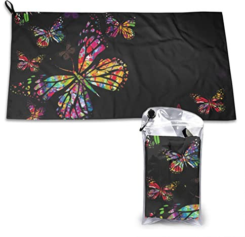 AROONS Schnell trocknendes Handtuch mit Tasche – bunter Schmetterling-Druck, super saugfähig, Mikrofaser, Reise-Sporthandtücher, 80 x 40 cm