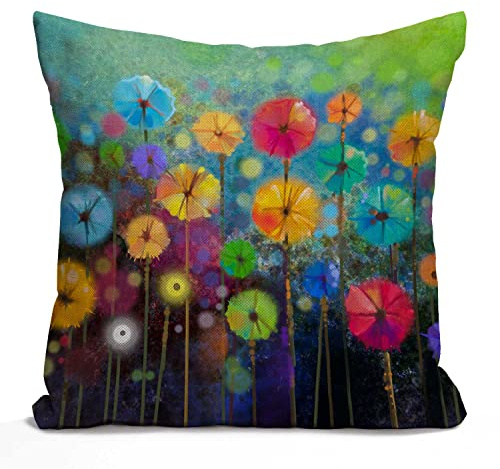 Tomda Abstract Floral Watercolor Painting Cushion Case Colorful Spring Petal Flowers Farmhouse Throw Pillow Cover for Sofa Couch 45x45cm 18x18 Inch Cotton Linen