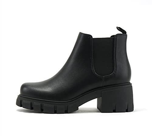 Soda PIONEER ~ Women Lug Sole Mid Heel Chelsea Fashion Ankle Bootie w/Double Elastic Gore (Black, us_footwear_size_system, adult, women, numeric, wide, numeric_7_point_5)
