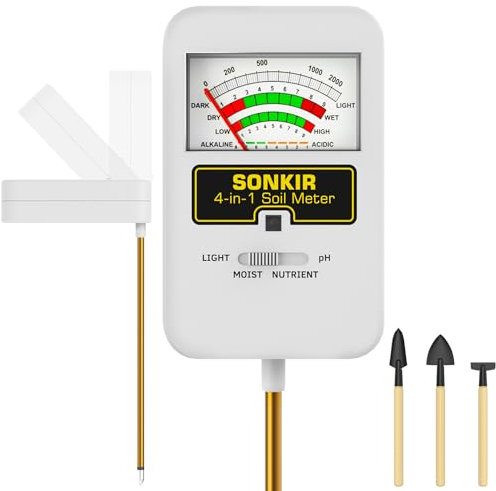 Sonkir Bodenfeuchtigkeitsmessgerät, 4-in-1 pH-Tester für Nährstoffe, Feuchtigkeit und Licht, Testkits Pflanze, toller Garten, Rasen, Innen- und Außenbereich (keine Batterie erforderlich), Weiß (T01)