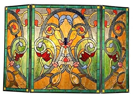 CAZARU Fireplace Screens Style Fireplace Screen Victorian Design Stained Glass 3 Section 28 X 44 Fireplace Screen Flat Fireplace Screens Decorative