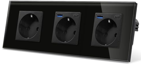 CNBINGO Glas Dreifach Steckdose mit 4 USB Ports, 2× (Typ-C und Typ-A unterstützung 20W Schnellladen) - Schuko Steckdose Unterputz in Schwarz - Schutzkontakt Wandsteckdose mit Glasrahmen