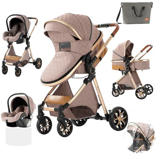 3 in 1 Kombikinderwagen Reisesysteme Standardkinderwagen Kinderwagen Buggy Neugeborener Tragbarer Reisewagen Kinderwagen Faltbarer High Landscape Kinderwagen (225 Khaki-1)