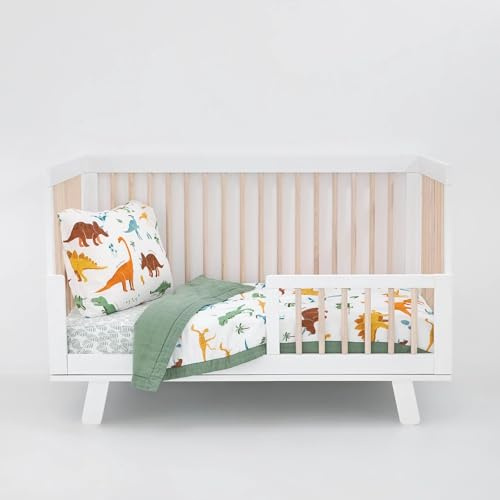 Little Unicorn Toddler Bedding 3-Piece Set | Includes Comforter, Crib Sheet & Pillowcase | Soft & Breathable Muslin Fabric | for Convertible Cribs & Toddler Beds (Dino Names)