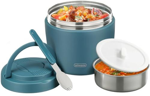 wiwens Thermo Food Jar for Hot Food Adults 32OZ Soup Thermo Lunch Containers Wide Mouth Vacuum Insulated Stainless Steel Leakproof Bento Box with Spoon (lake blue)
