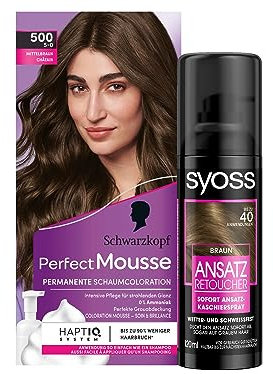 PERFECT MOUSSE Schaumcoloration 5-0/500 Mittelbraun Stufe 3, 1x 93 ml &Syoss Ansatz Retoucher Kaschierspray Braun Stufe 1, Ansatzfarbe hält bis zur nächsten Haarwäsche, (1x 120 ml)
