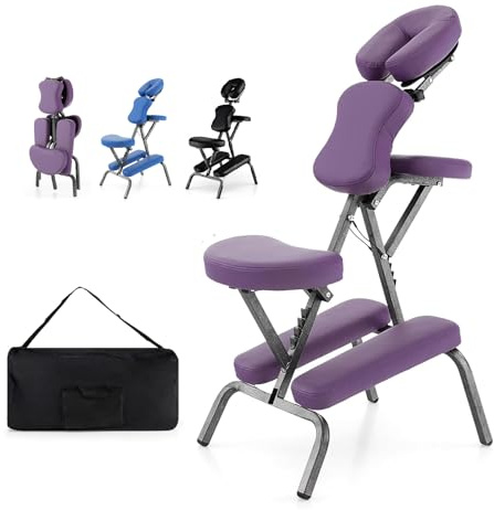 RELAX4LIFE Chaise de Massage Pliante Hauteur Réglable 110-120 CM, Chaise de Thérapie Portable Ergonomique avec Siège Rembourré, Sac de Transport, Charge 150 KG pour Tatouage Spa Esthéticienne (Violet)