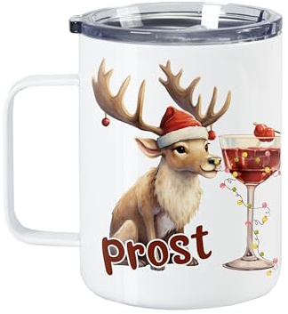 GRAZDesign Glühweinbecher mit Deckel Frohe Weihnachten, Weinachten Thermobecher Edelstahl 350ml (Elch, 350ml)