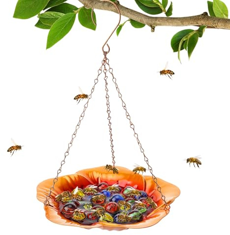 Bee Feeder with Vivid Hibiscus Design - Anti-Rust Iron Bee Watering Station for Feeding, Colorful Butterfly Bath Bowl Bee Cups with 30 Glass Marbles for Outdoor Yard Garden Decor Gifts (Orange)