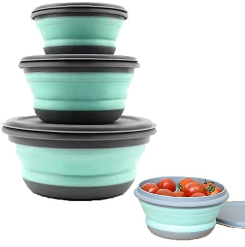 CTForest Juego de 3 Cuencos para Platos Plegables, Cuenco de Ensalada Portátil, Conjuntos de Silicona Plegable Caja de Almuerzo para senderismo, viajes, camping, picnic, escuela(Verde)