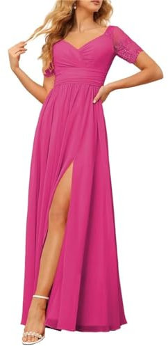 KURFACE Vestido largo de gasa con mangas de encaje para dama de honor para jóvenes, vestido largo formal de noche WSX436, fucsia, 36