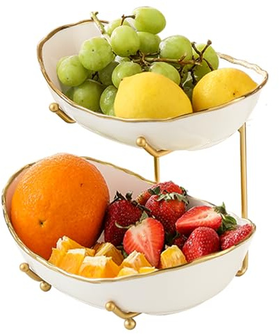 HOMKULA 2 Tier Ceramic Fruit Bowl for Kitchen Counter, Tiered Fruit Basket for Countertop, Modern Multi Layer Fruit Display Stand for Party, Cute (Gold-rimmed, Small)
