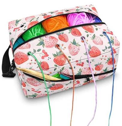 Kuiaobaty Tragbare Stricktasche mit Erdbeeren-Motiv, große Garn-Tragetasche mit Reißverschluss, Häkeltasche für Garn und Häkeln