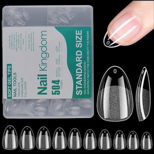 Korta mandelformade lösnaglar, 504 stycken, gel, full täckning, förpolerade, resin, konstgjorda naglar, akryl, lösnaglar för gelnaglar, för gör-det-själv-nagelkonst och nagelstudior, 10 storlekar