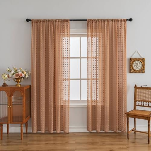 Bishilin Vorhänge Stangendurchzug Braun, Gardinen Halbtransparent 2er Set Einfarbig mit Pompon Modern 140x175CM Polyester Gardinen Lichtdurchlässig Küche Wohnzimmer Kinderzimmer