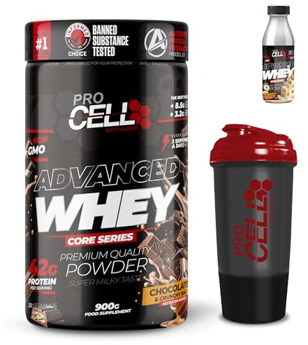 PACK Procell Proteinas Whey Advanced 900gr (Chocolate & Crunchy Bar) + Batido Monodosis + Shaker REGALO Proteina Whey concentrada Gana masa muscular, proteina en polvo Batidos de Proteina