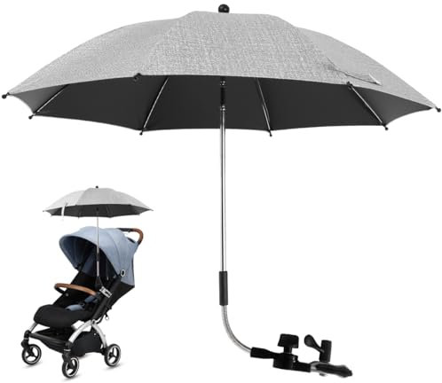 Deuson UPF 50+ Sonnenschirm Sonnenschutz für Kinderwagen & Buggy,mit Verstellbarer Klemme und flexiblem Arm,Biegsam Einstellbar,UV Schutz,Schirm,mit Gerader Schirmgriff (Grau, 82CM)