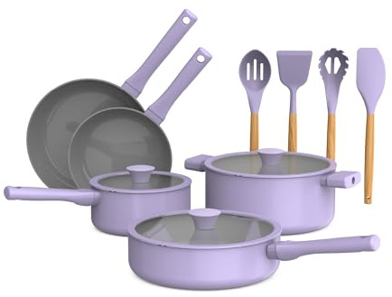 So Yummy by Bella 12 Piece Cookware Set w EverGood™ Ceramic Nonstick Coating​ and Silicone & Wood Utensils, Dishwasher Safe Silicone & Glass Lids, Oven Safe & All Stovetop Compatible, Lavender