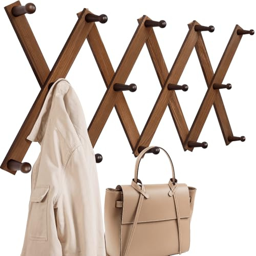 Homode Accordion Wall Hanger, Hat Rack for Wall, Wood Expandable Coat Rack, Vintage Accordian Peg Hooks Purse Organizer for Hanging Baseball Caps, Coffee Mug, Hats, Clothes, Backpack, Towel