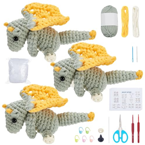FREEBLOSS 3 Set Häkelset Triceratops Häkelset Für Stofftiere Triceratops DIY Stofftier Garn Stricken Bastelbedarf Häkelset Für Anfänger Mit Videoanleitung Häkel Starterset