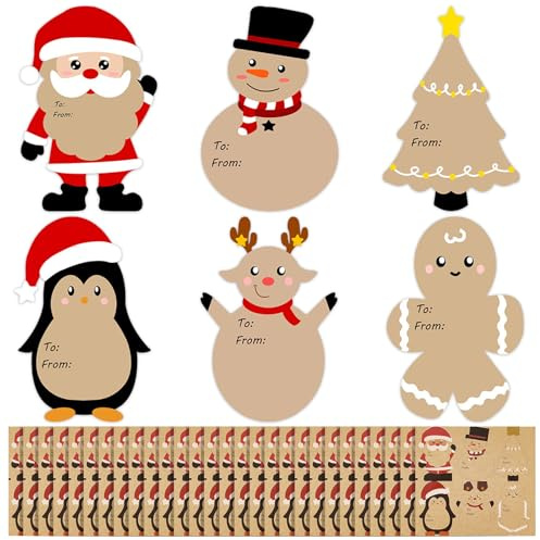 300Pcs Xmas Tag Stickers, Christmas Stickers Gift Tags, Self Adhesive Christmas Name Labels Natural Kraft Paper Decorative Sticker for Xmas Gifts Wrap Presents Boxes Decoration