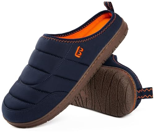 LongBay Men's Two-Tone Slippers Memory Foam Warm Fleece House Shoes Camping Slip On Indoor Outdoor Navy Blue,9