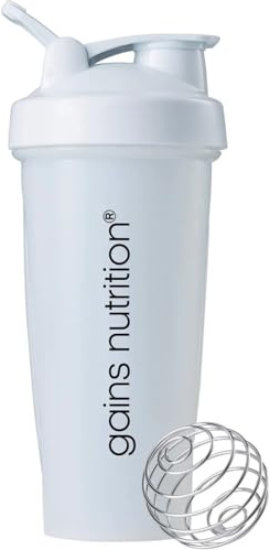 Gains Nutrition GN Protein-Shaker, 600 ml, Protein-Shake-Flasche, Fitness-Shaker, Sport-Ergänzungs-Shaker, Schraubverschluss und auslaufsicher, Weiß