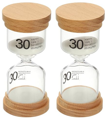 PATIKIL 30 Minute Sand Timer, 2 Pcs Wooden Sand Watch High Borosilicate Glass Sandglass Sand Clock for Games, Classroom, Kitchen, Office, Home Decoration, White