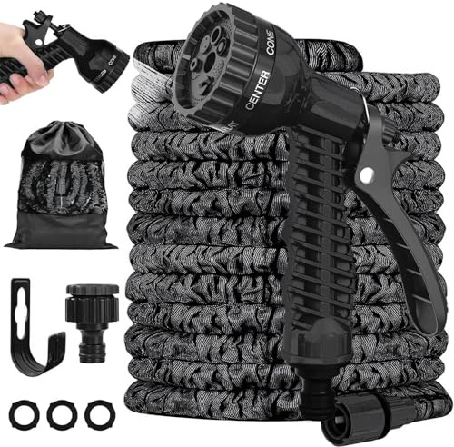 LINGKY 25FT Expandable Garden Hose Pipe, Flexible Water Hose with 3/4, 1/2 Fittings, Expanding Magic Hose, Garden Hose with 7 Function Spray Nozzle, Durable Latex Core Hosepipe Anti-Leakage