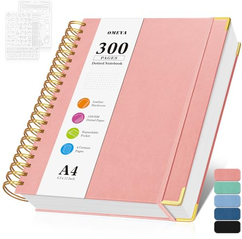 Bullet prickig journal spiral anteckningsbok, 300 sidor läder anteckningsböcker med kontens, 120 GSM tjock ingen blödning genom pappersjournaler, A4 stor prick rutnät anteckningsbok för kvinnor män